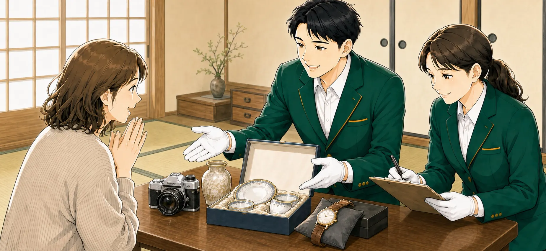 カメラや食器、腕時計などを前に、スタッフの説明を聞いて驚くみさき