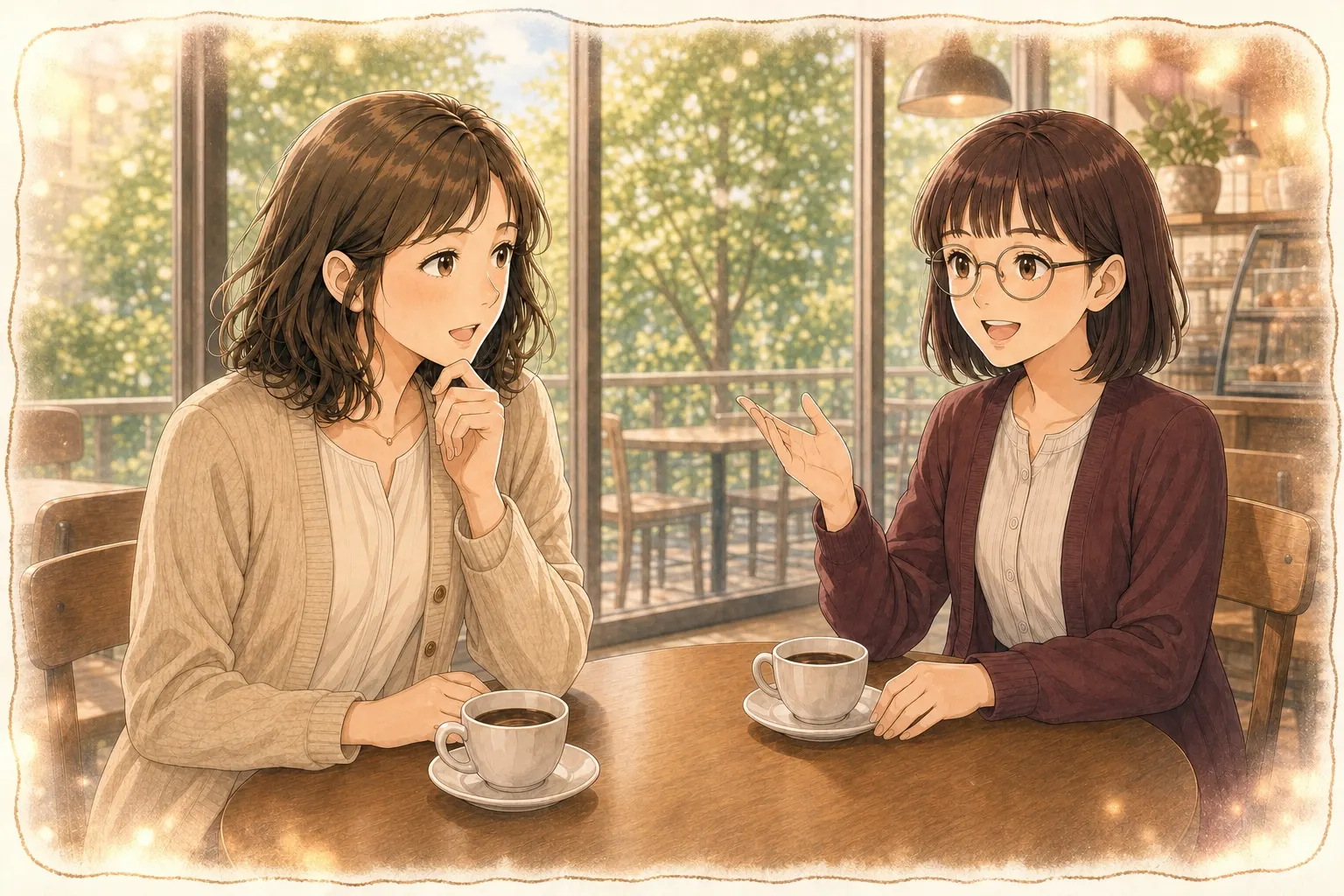 カフェでみさきに遺品整理を相談した経験を話す友人さとみ