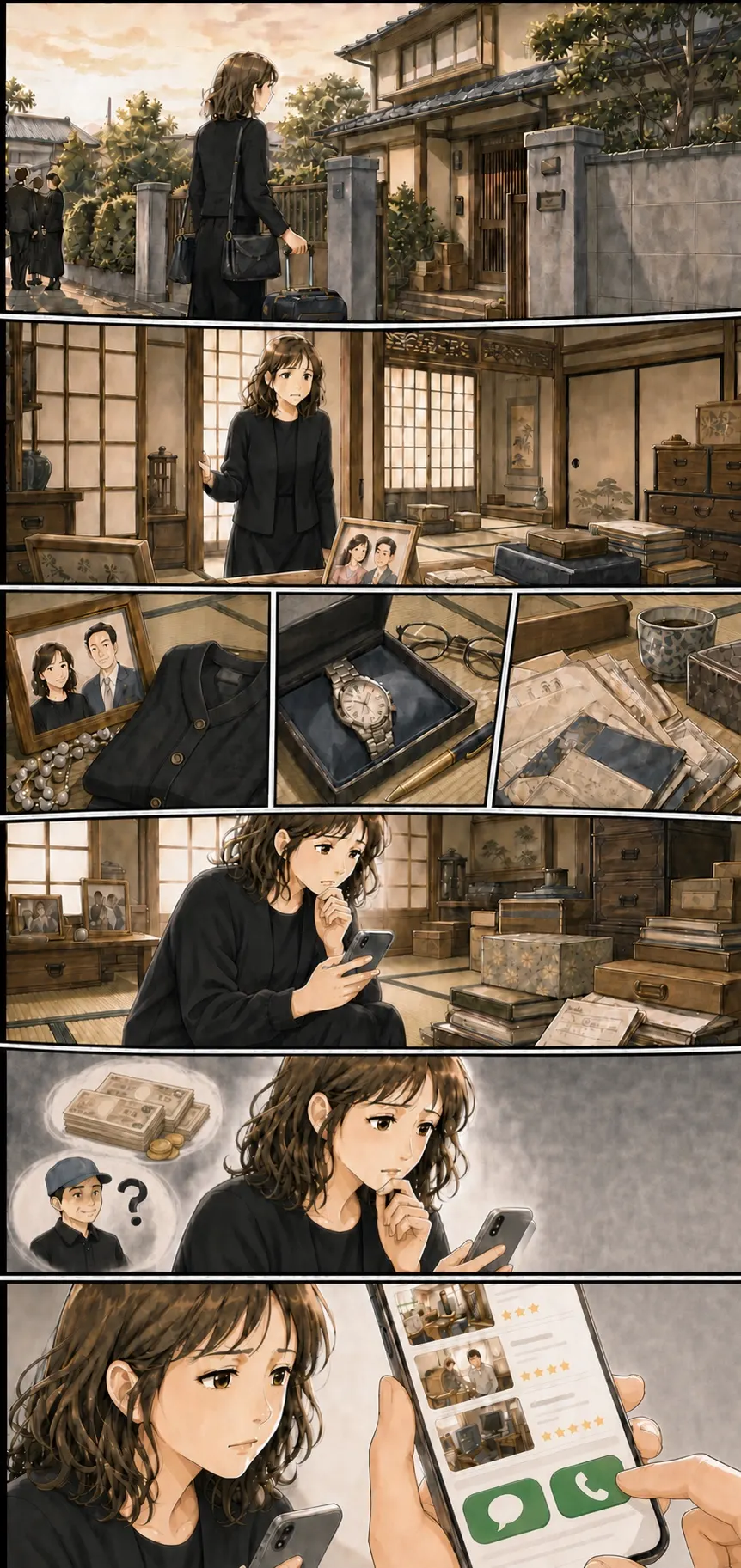 黒い葬儀服で実家へ戻ったみさきが、遺品整理を自分で調べ、料金や資格面に不安を感じる漫画