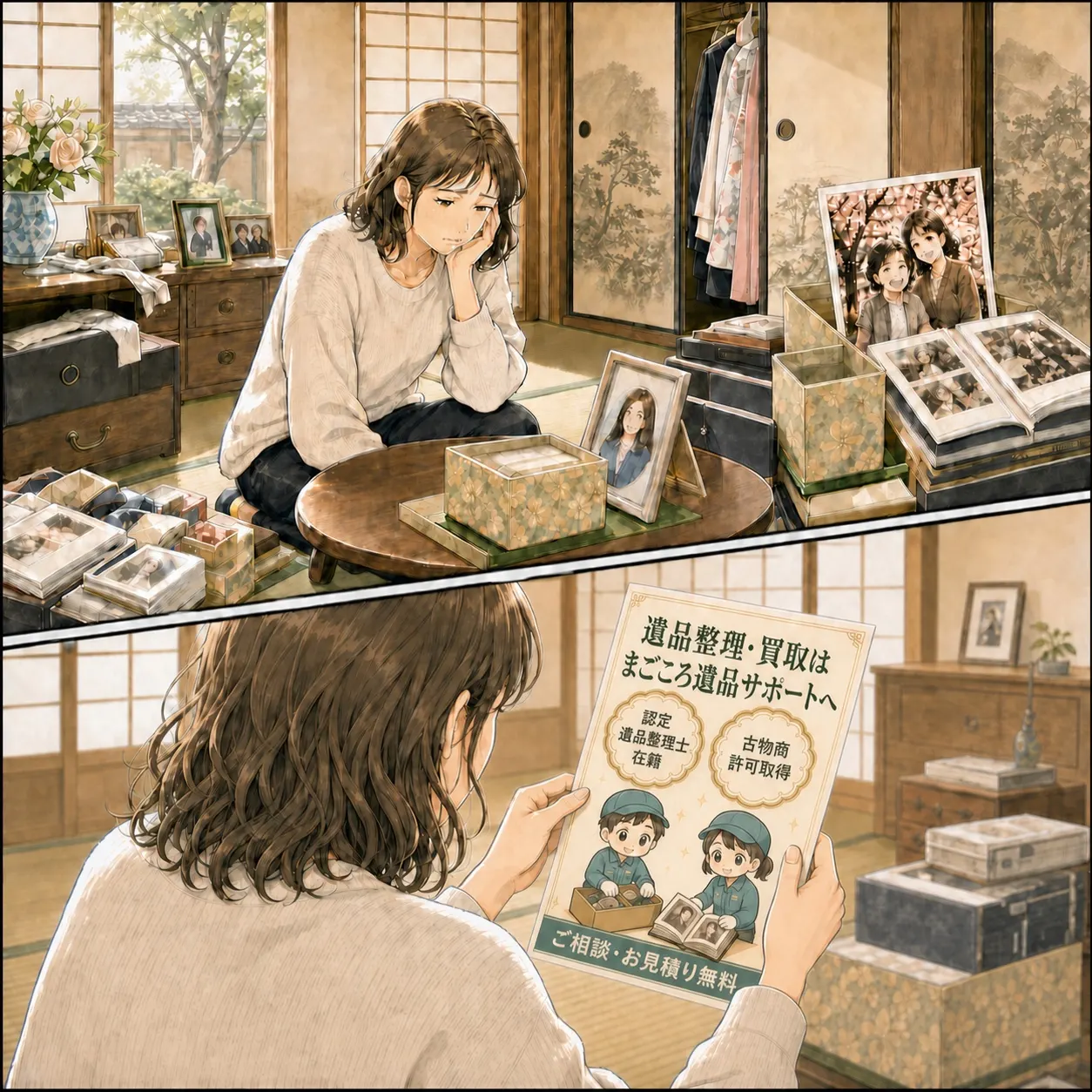 両親の遺品を前に悩むみさきが、後ろから家族写真を見つめて遺品整理の相談を決意する漫画