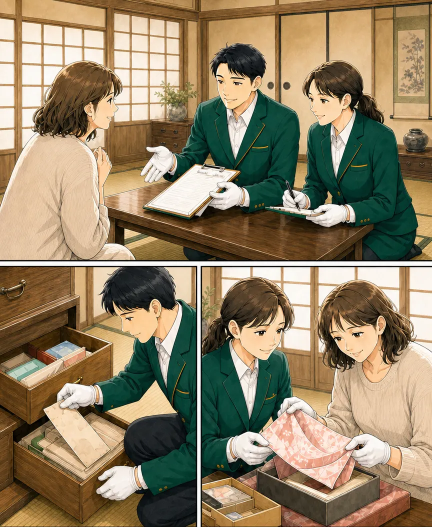 契約後、遺品整理スタッフがみさきと確認しながら仕分けを始める漫画