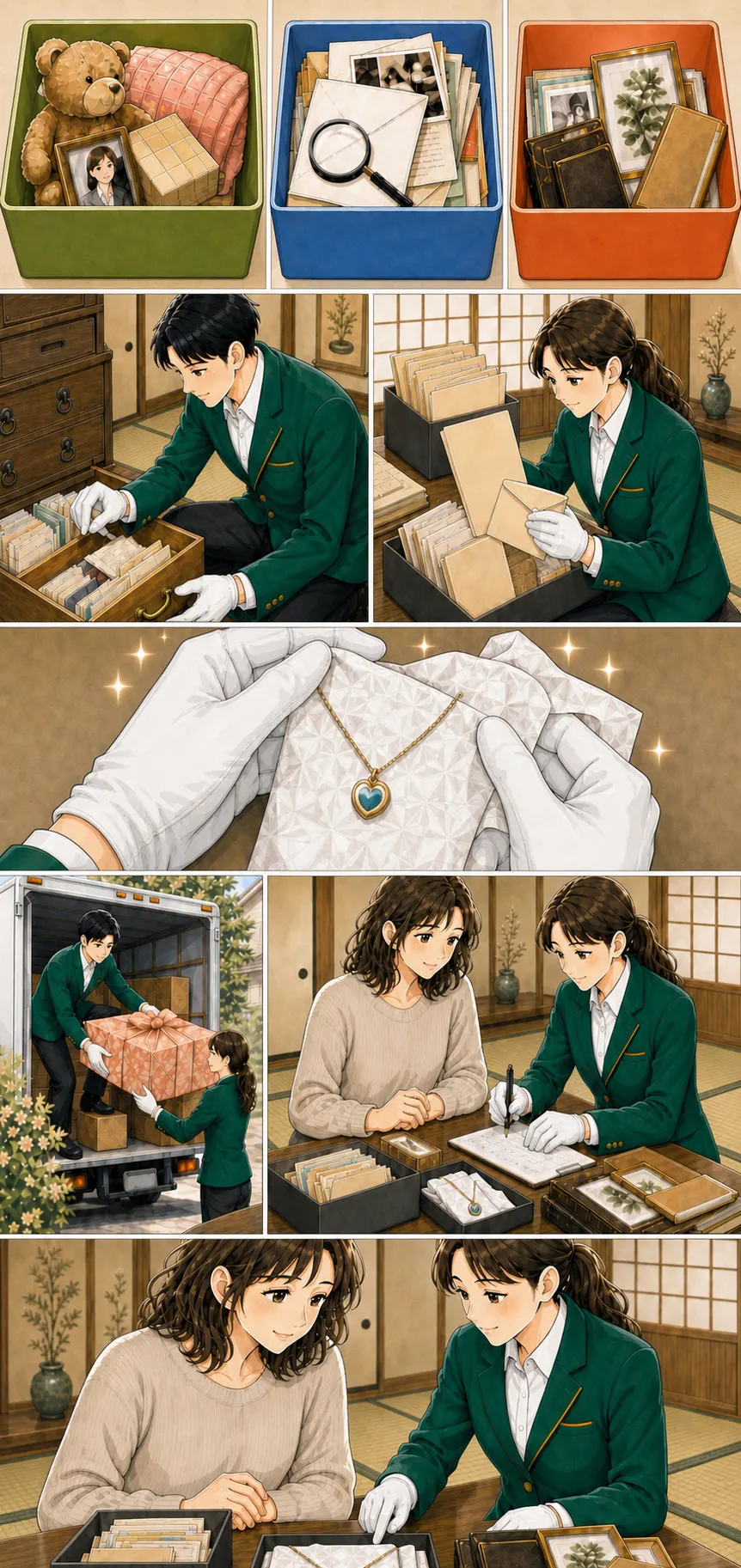 遺品を三種類に仕分け、貴重品を探し、現地で仕分け内容を確認する漫画