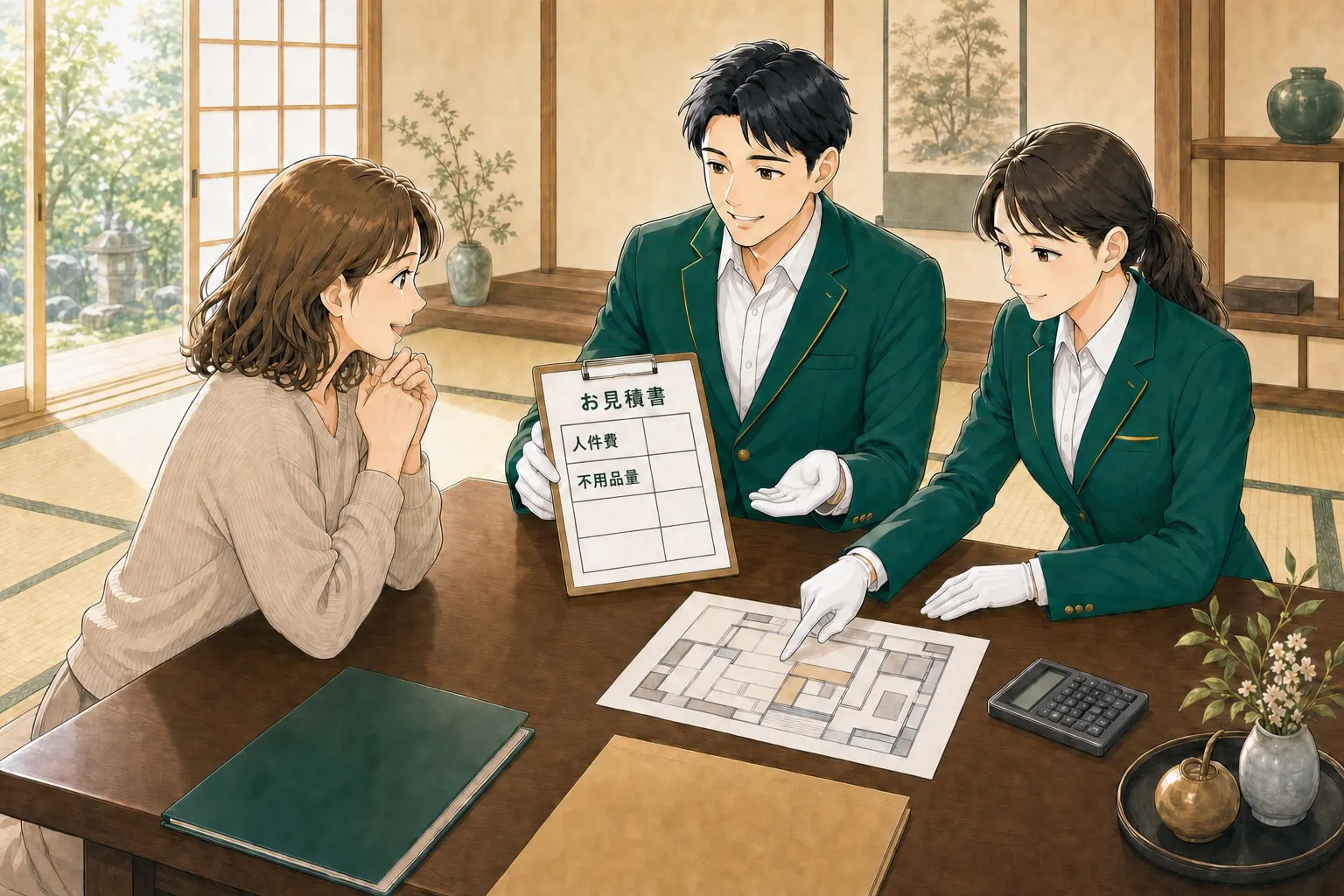 和室で見積書と間取りを確認しながら料金説明を受けるご家族