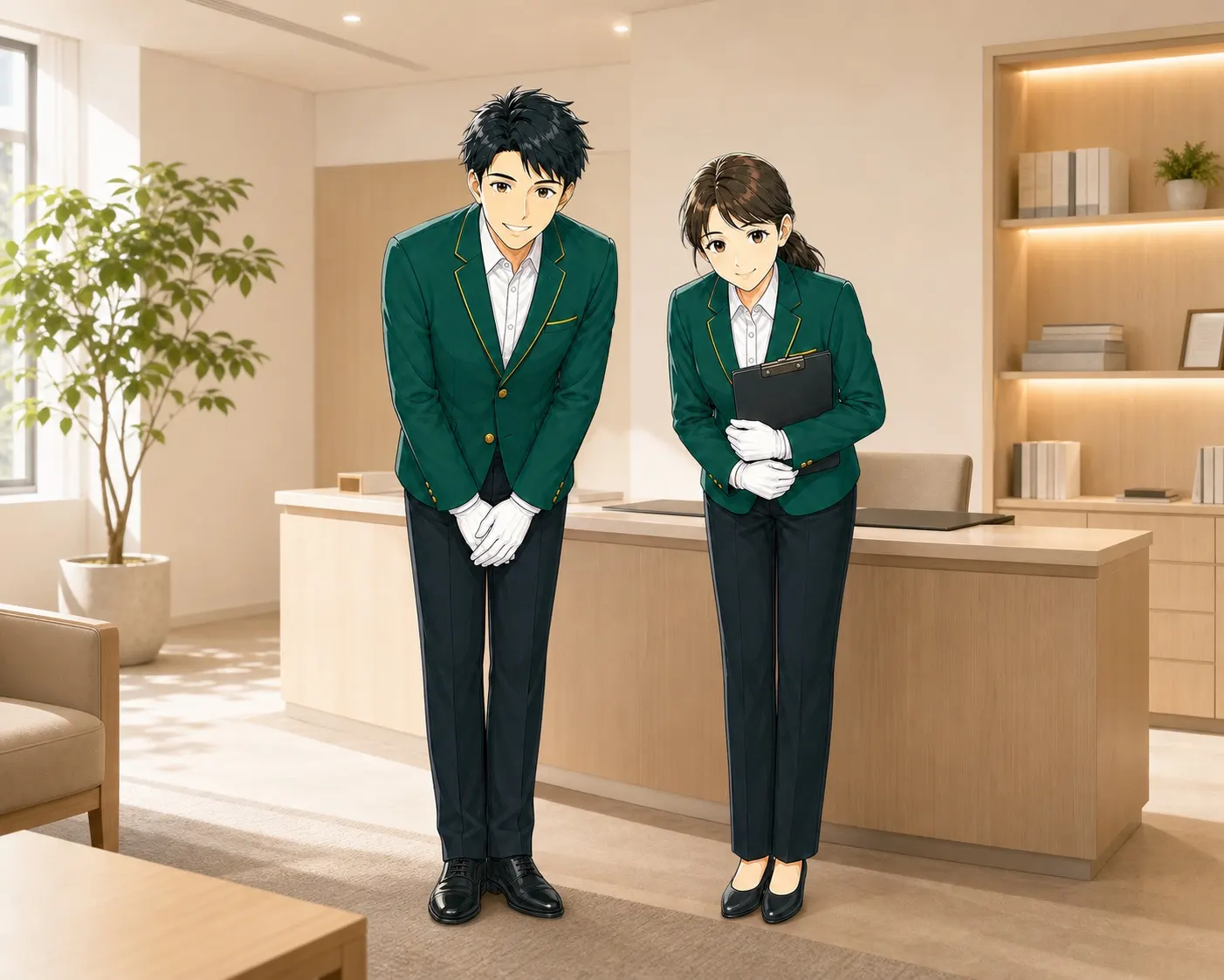 清潔感のある相談オフィスで、片付け後の住まいについて丁寧にお辞儀して案内する男女スタッフ
